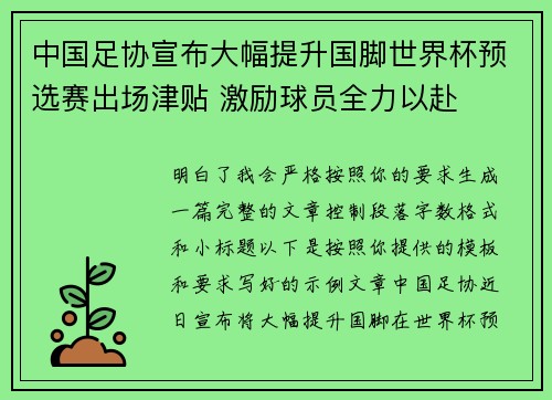 中国足协宣布大幅提升国脚世界杯预选赛出场津贴 激励球员全力以赴